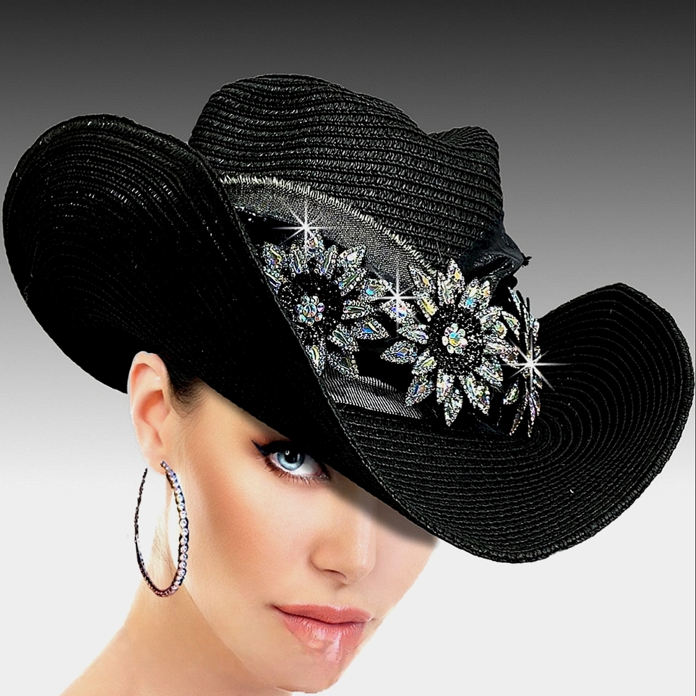 Beloved Millinery Stunning Black Couture Cowboy Hat Fabulous Rhinestones Bling